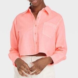 Universal Thread Cropped Pink Button Down Shirt NEW